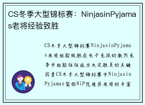 CS冬季大型锦标赛：NinjasinPyjamas老将经验致胜