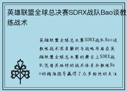 英雄联盟全球总决赛SDRX战队Bao谈教练战术