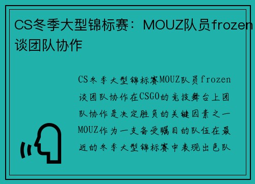 CS冬季大型锦标赛：MOUZ队员frozen谈团队协作